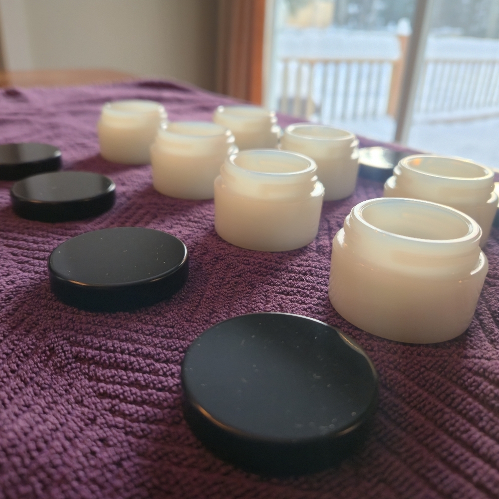 Set of 7 VINTAGE White "Milk" Glass Jars with Black Metal Lids